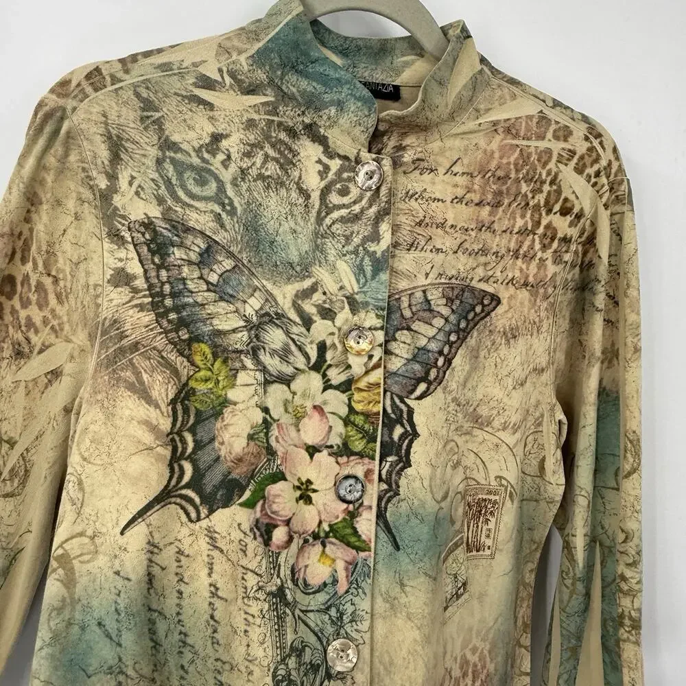 Faux Suede Butterfly Cat Print Tunic Top Women size Medium Button Up Y2K Artsy - Picture 7 of 11